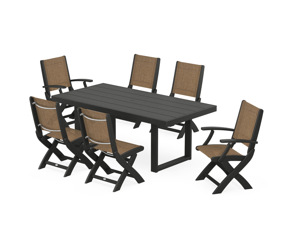 POLYWOOD Coastal Folding Chair 7-Piece Dining Set with Trestle Legs with EDGE 40" x 78" Dining Table in Black / Burlap