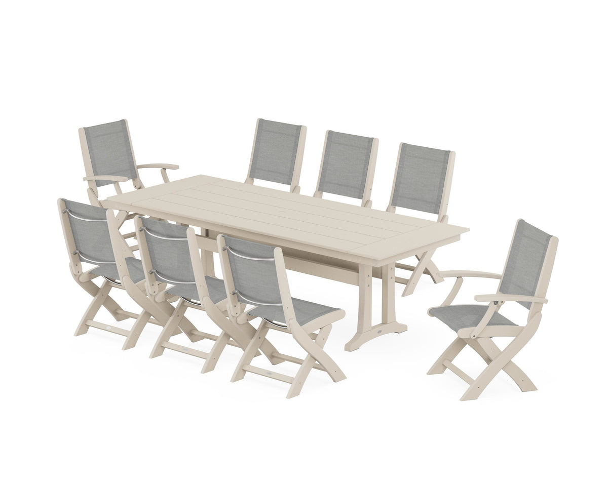 POLYWOOD Coastal 9-Piece Folding Dining Chair Farmhouse Dining Set with Trestle Legs in Sand / Metallic