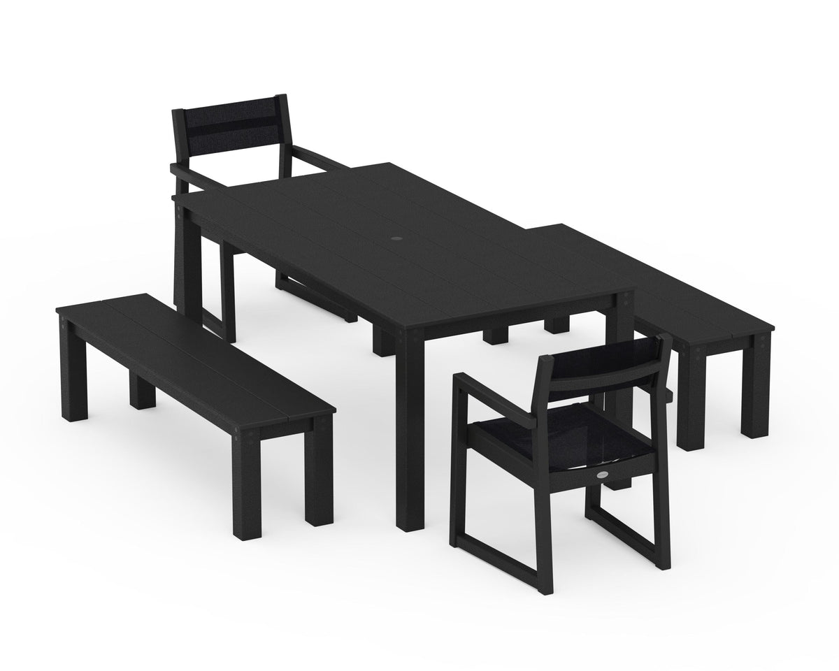 POLYWOOD EDGE Sling Arm Chair 5-Piece Parsons Dining Set with Benches in Black / Black