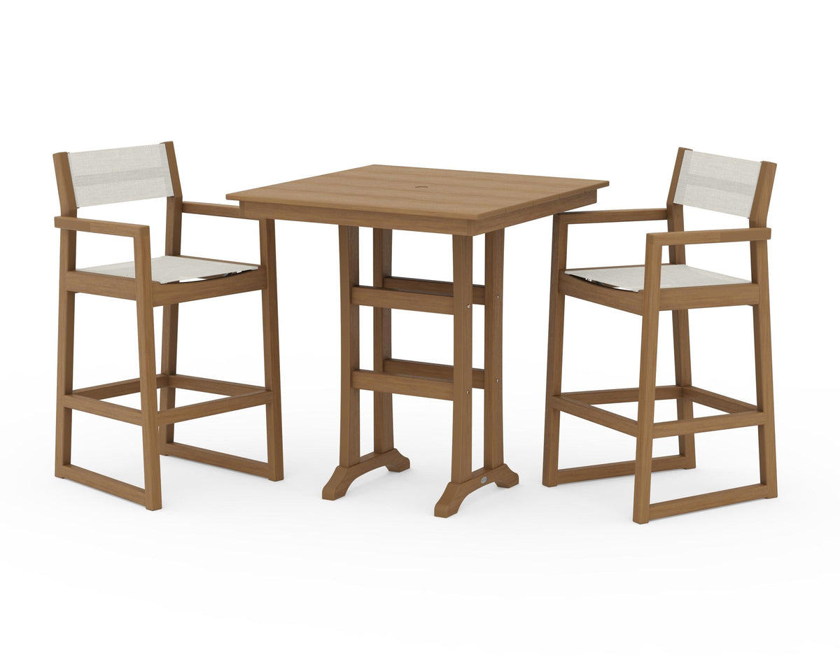 POLYWOOD EDGE Sling Arm Chair 3-Piece Farmhouse Bar Set with Trestle Legs in Natural / Parchment