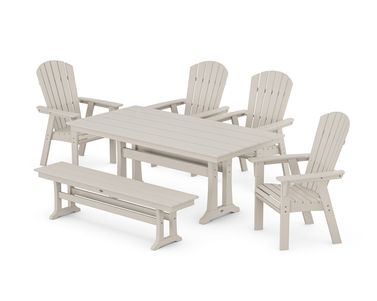 POLYWOOD Nautical Curveback Adirondack 6-Piece Farmhouse Dining Set with Trestle Legs and Bench in Sand