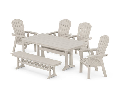 POLYWOOD Nautical Curveback Adirondack 6-Piece Farmhouse Dining Set with Trestle Legs and Bench in Sand