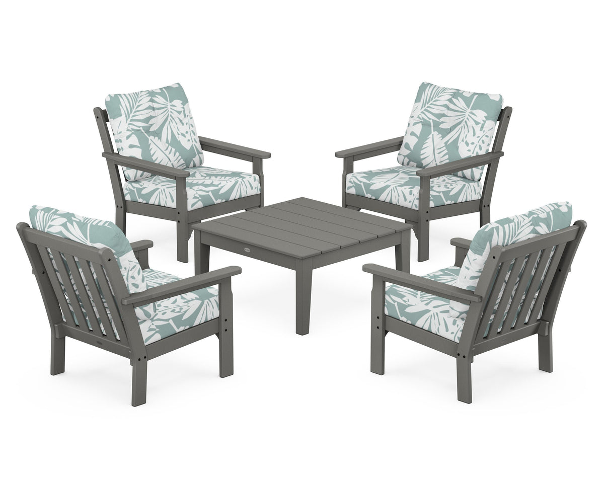 POLYWOOD Vineyard 5-Piece Deep Seating Conversation Set in Slate Grey / Leaf Glacier Spa