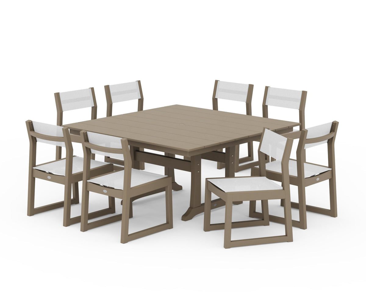 POLYWOOD EDGE Sling Side Chair 9-Piece Farmhouse Trestle Dining Set in Vintage Sahara / White