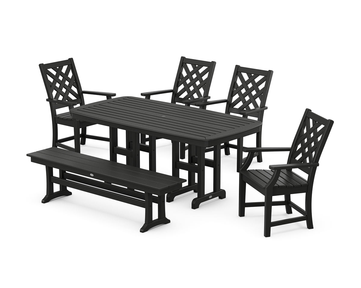 POLYWOOD Country Living Wovendale 6-Piece Farmhouse Dining Set with Bench with Nautical 37" x 72" Dining Table in Black