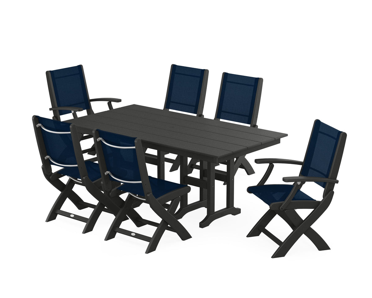 POLYWOOD Coastal Folding Chair 7-Piece Farmhouse Dining Set in Black / Navy Blue