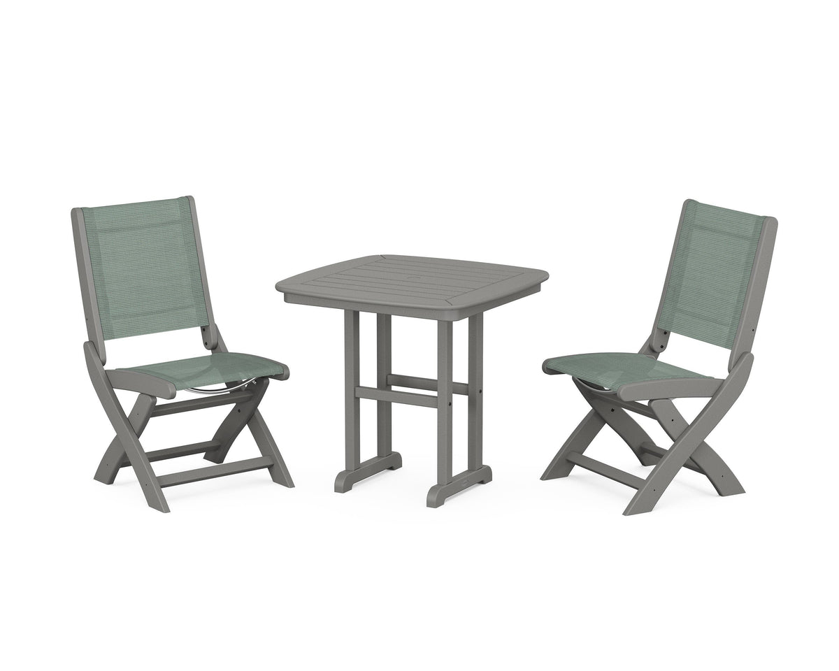 POLYWOOD Coastal Folding Side Chair 3-Piece Dining Set in Slate Grey / Dupioni Sea Mist
