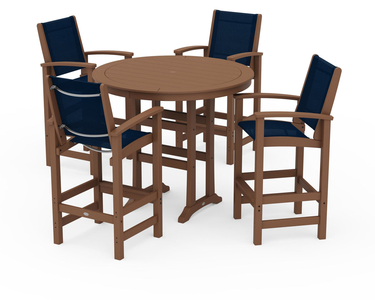 POLYWOOD Coastal 5-Piece Nautical Trestle Bar Set in Teak / Navy Blue