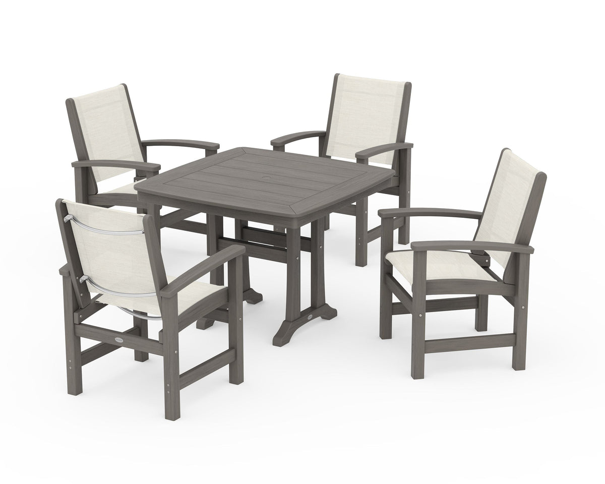 POLYWOOD Coastal 5-Piece Dining Set with Trestle Legs with Nautical Trestle 37" Dining Table in Driftwood / Parchment