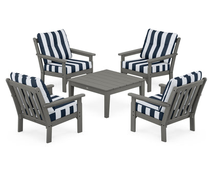 POLYWOOD Vineyard 5-Piece Deep Seating Conversation Set in Slate Grey / Cabana Stripe Marine Indigo