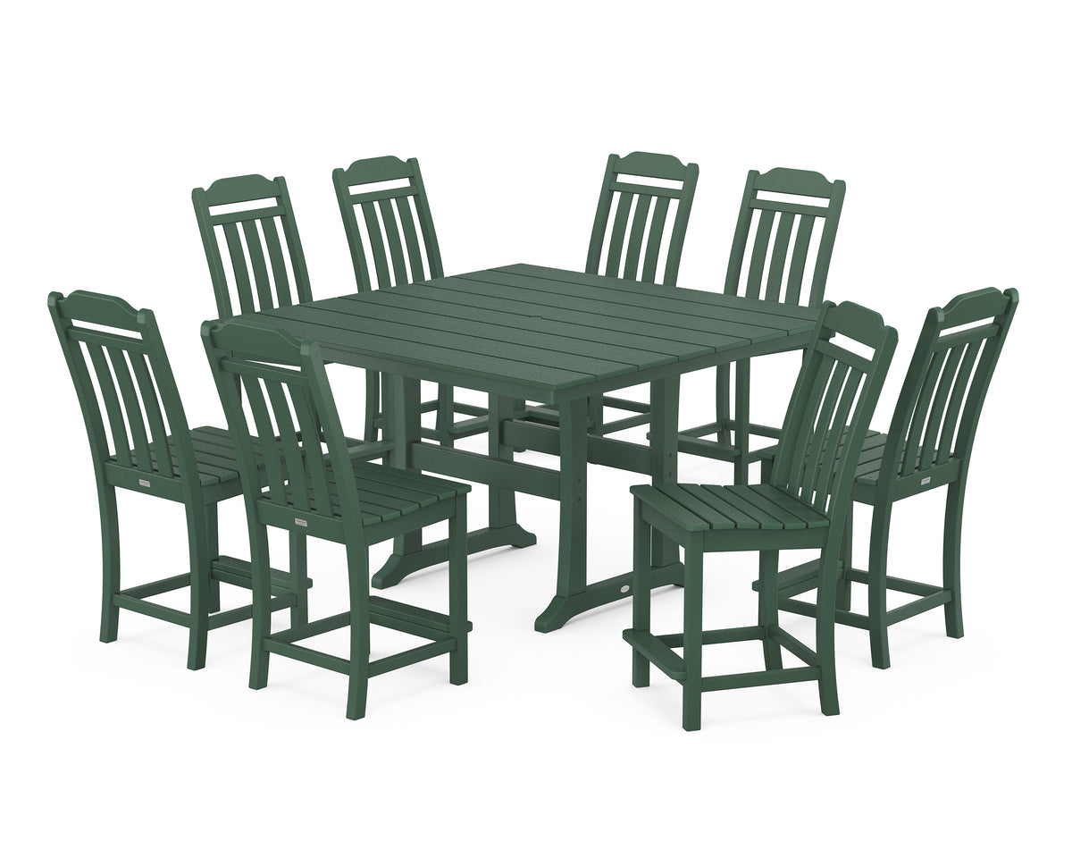 POLYWOOD Country Living Cottage 9-Piece Square Farmhouse Side Chair Counter Set with Trestle Legs in Green