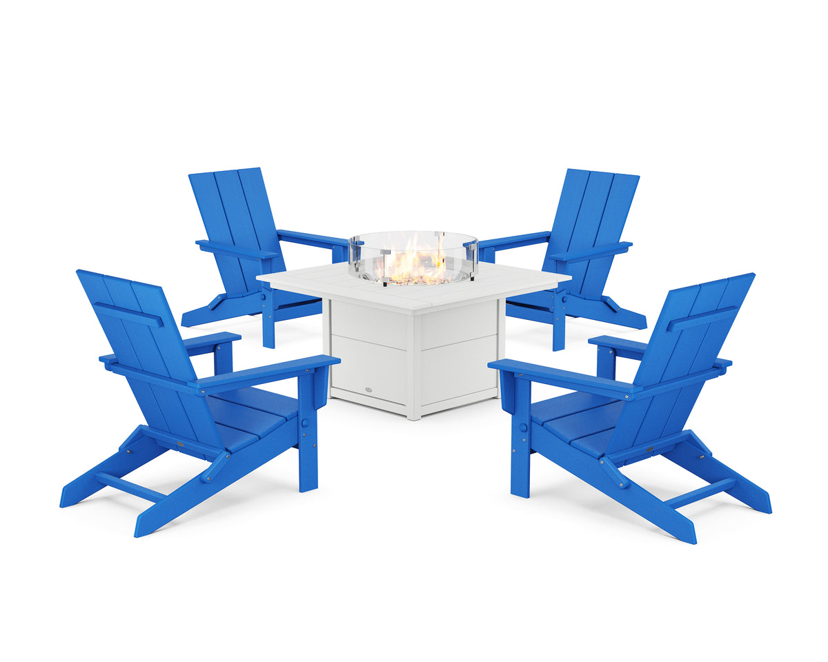 POLYWOOD 5-Piece Modern Studio Folding Adirondack Conversation Set with Fire Pit Table in Pacific Blue / White