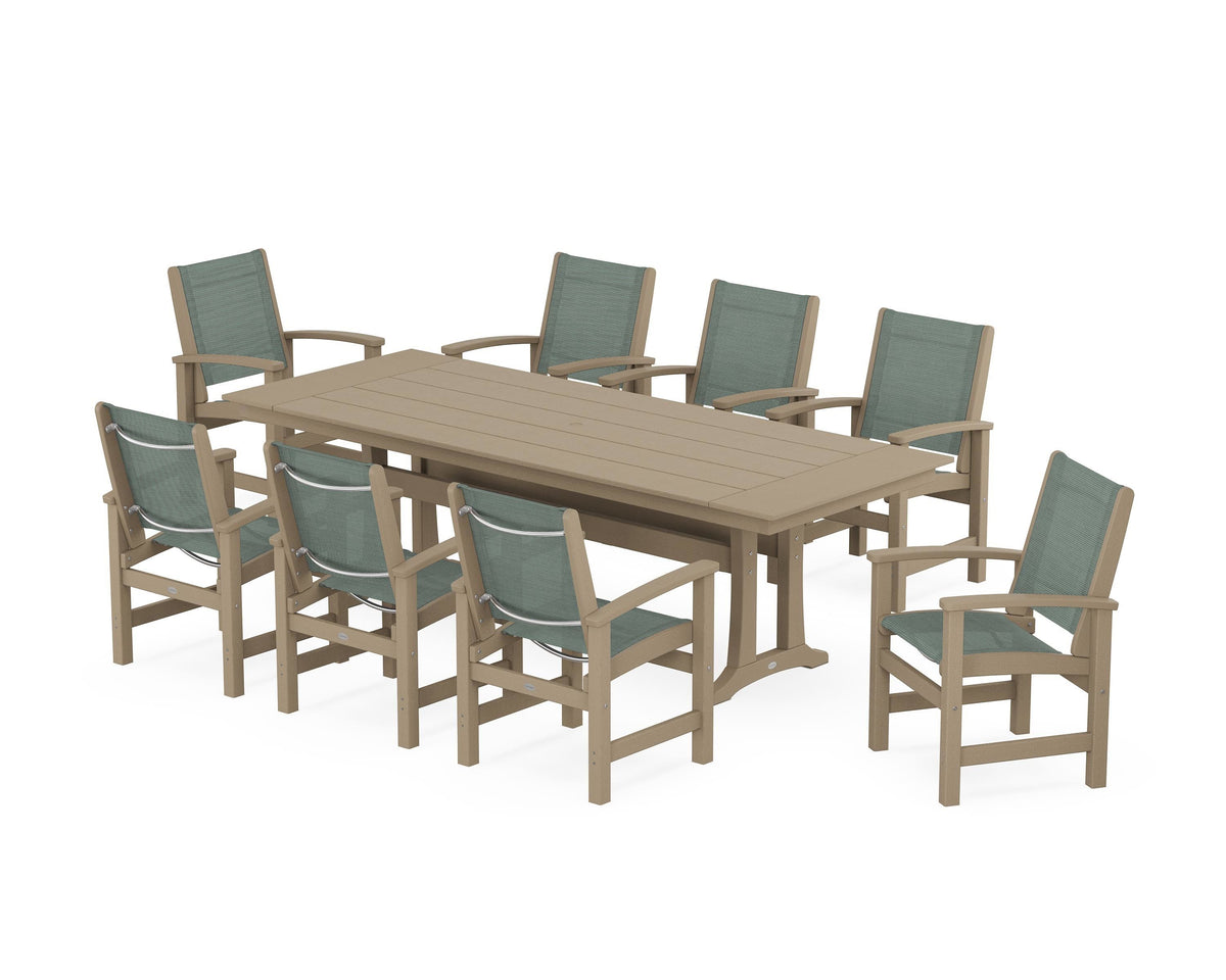 POLYWOOD Coastal 9-Piece Farmhouse Dining Set with Trestle Legs in Vintage Sahara / Dupioni Sea Mist