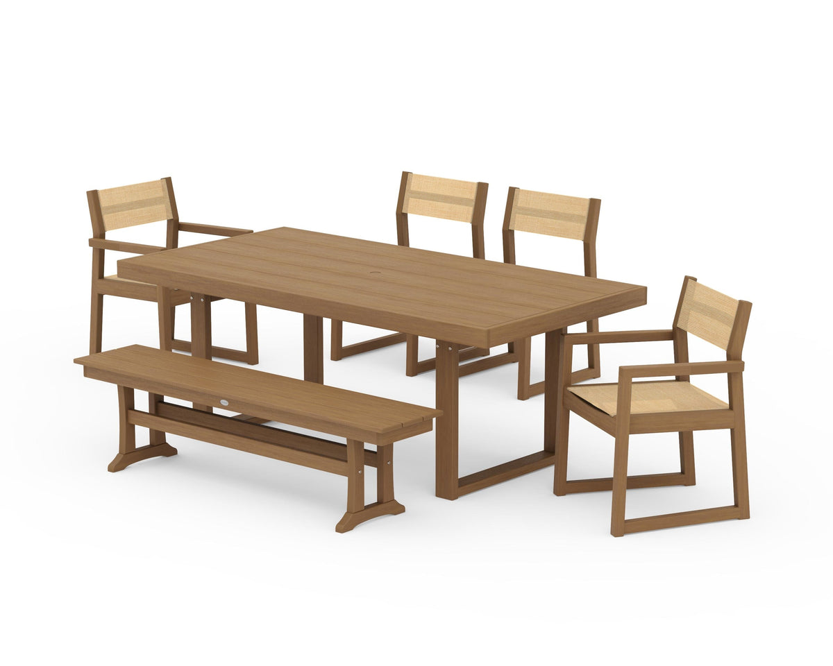 POLYWOOD EDGE Sling 6-Piece Dining Set with Bench in Natural / Dupioni Apricot