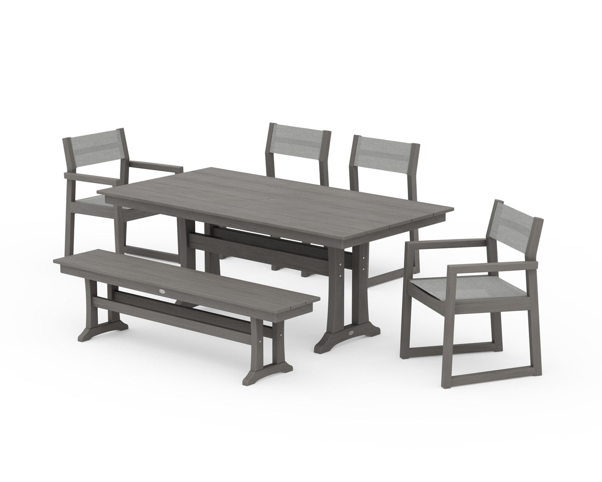 POLYWOOD EDGE Sling 6-Piece Farmhouse Dining Set With Trestle Legs in Driftwood / Metallic