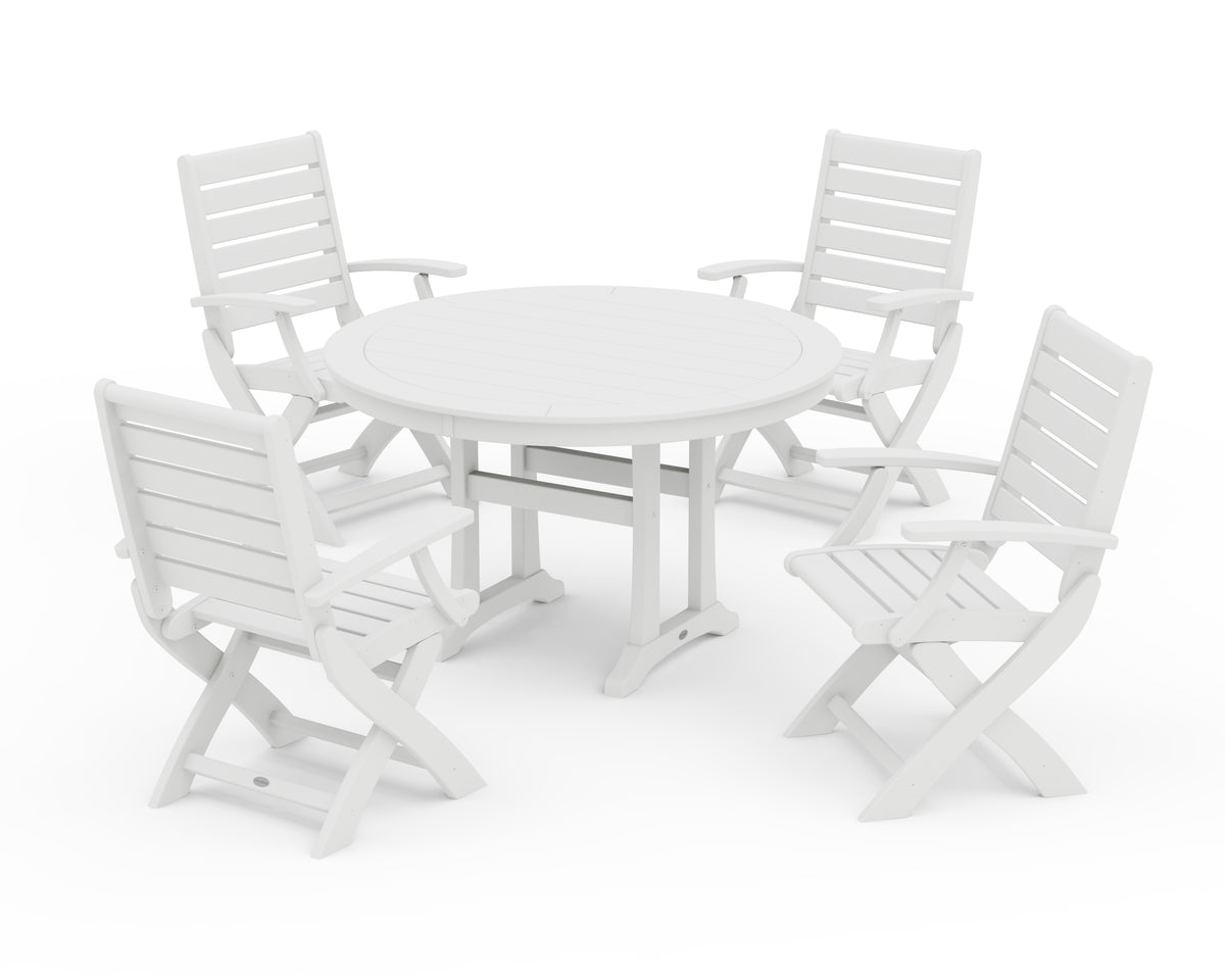 POLYWOOD Signature Folding Chair 5-Piece Round Dining Set with Trestle Legs in White