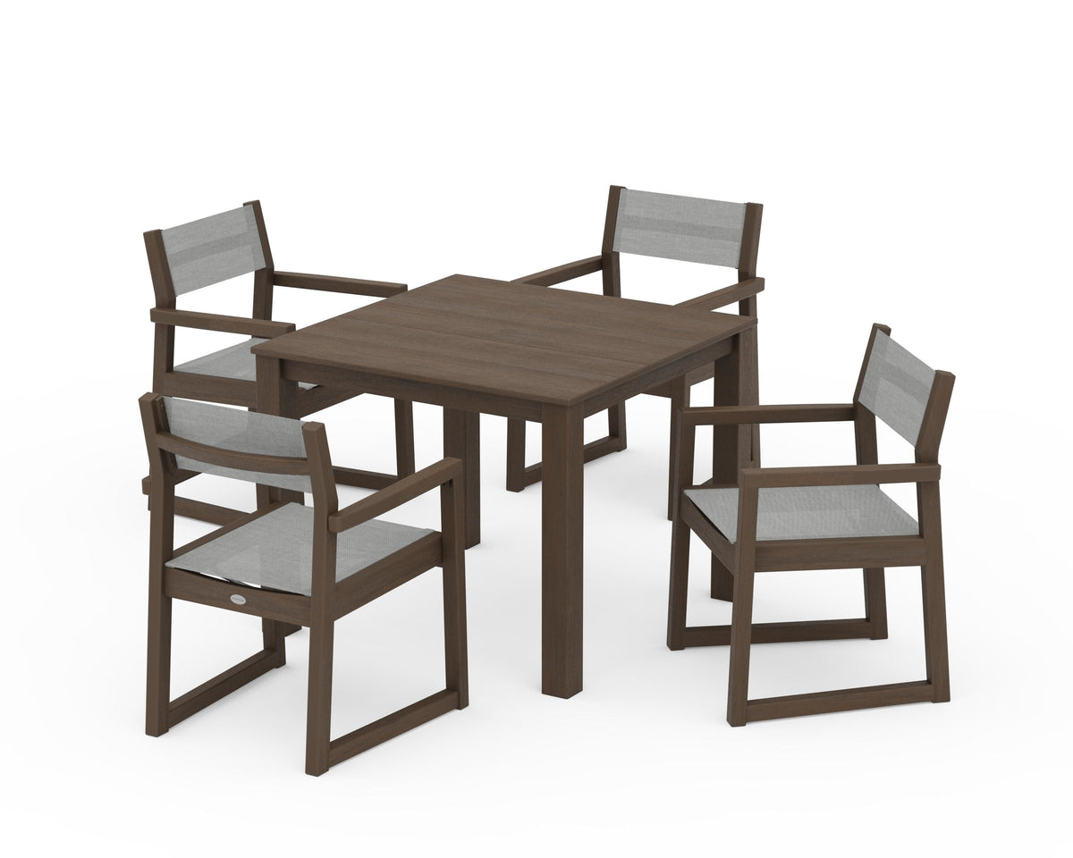 POLYWOOD EDGE Sling Arm Chair 5-Piece Parsons Dining Set in Kona / Metallic