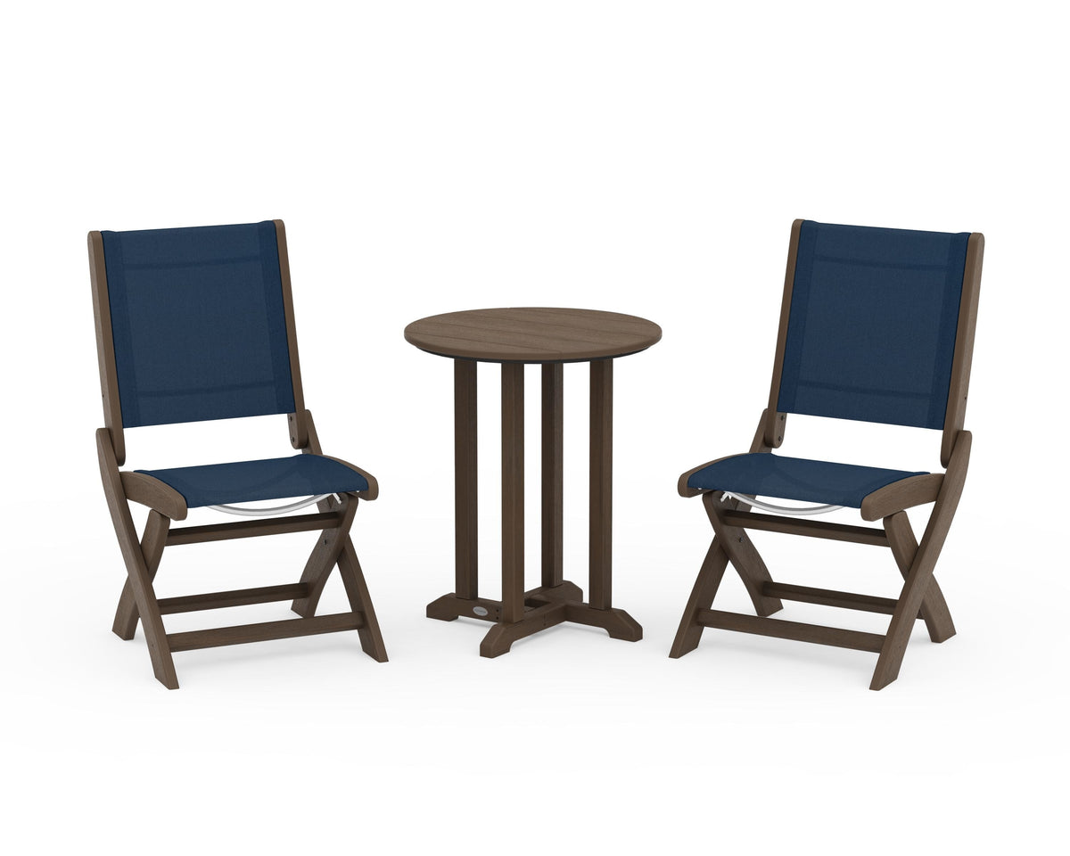 POLYWOOD Coastal Folding Side Chair 3-Piece Round Bistro Dining Set in Kona / Navy Blue