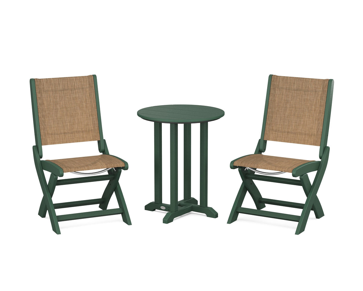 POLYWOOD Coastal Folding Side Chair 3-Piece Round Bistro Dining Set in Green / Burlap