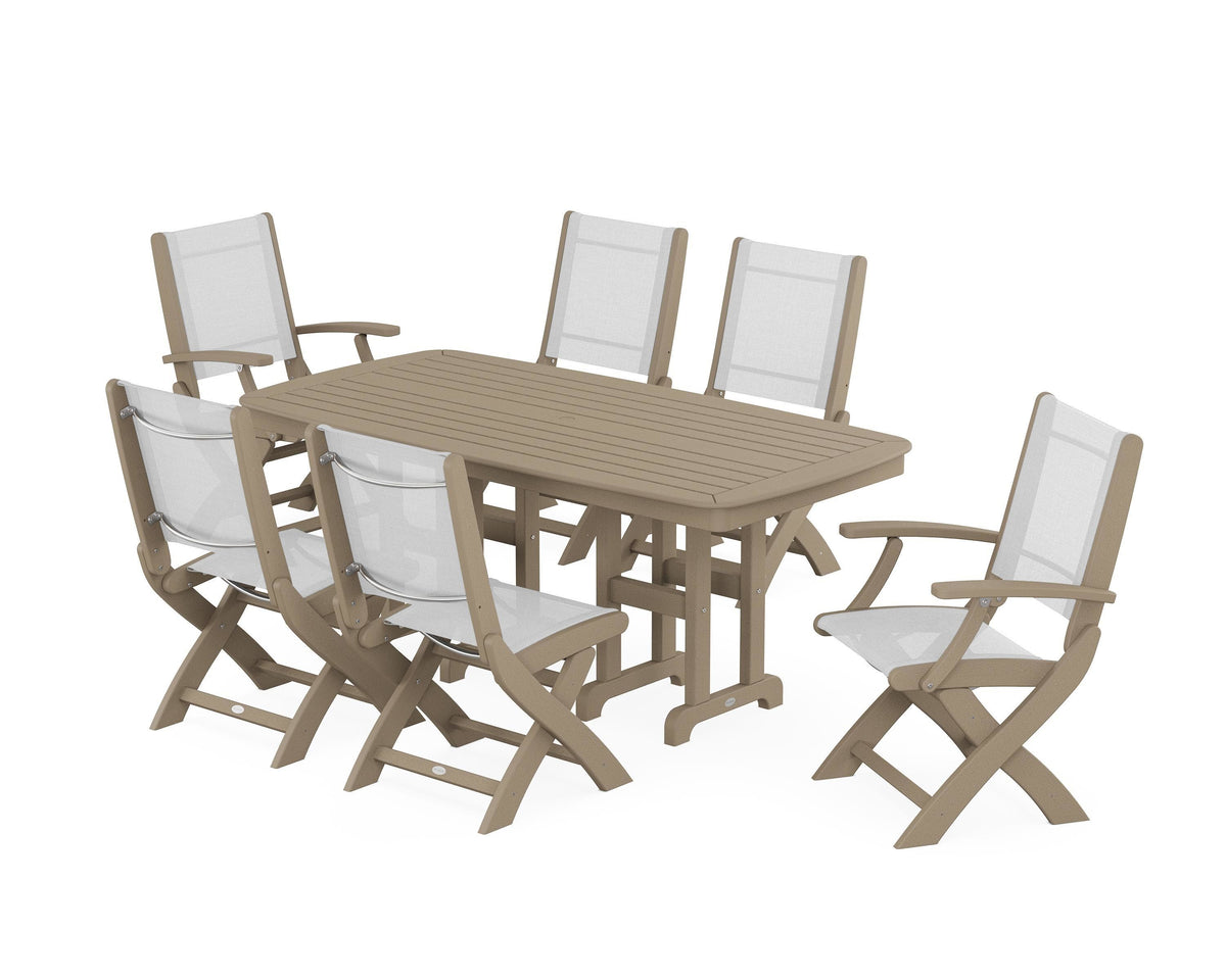 POLYWOOD Coastal Folding Chair 7-Piece Dining Set in Vintage Sahara / White