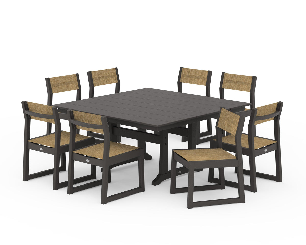 POLYWOOD EDGE Sling Side Chair 9-Piece Farmhouse Trestle Dining Set in Vintage Coffee / Burlap