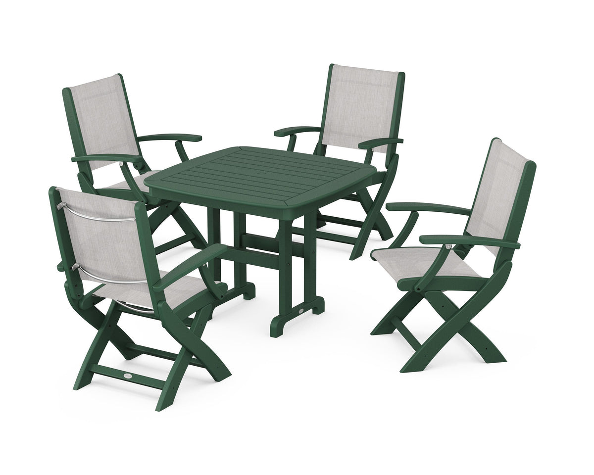 POLYWOOD Coastal Folding Chair 5-Piece Dining Set with Nautical 37" Dining Table in Green / Parchment