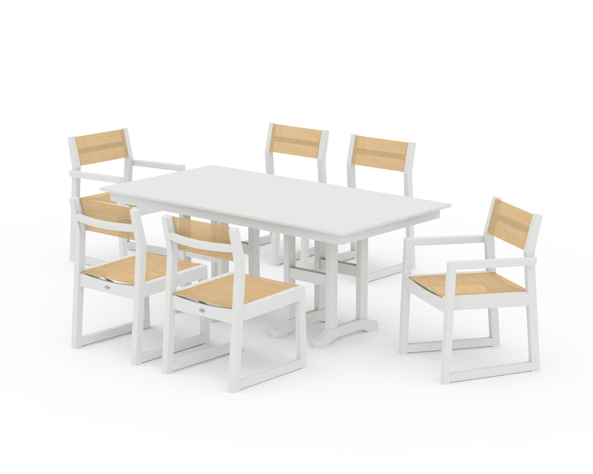 POLYWOOD EDGE Sling 7-Piece Farmhouse Dining Set in Vintage White / Dupioni Apricot