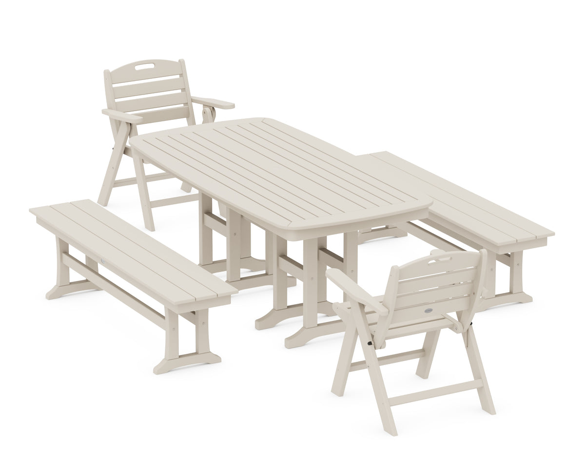 POLYWOOD Nautical Lowback 5-Piece Dining Set with Benches in Sand