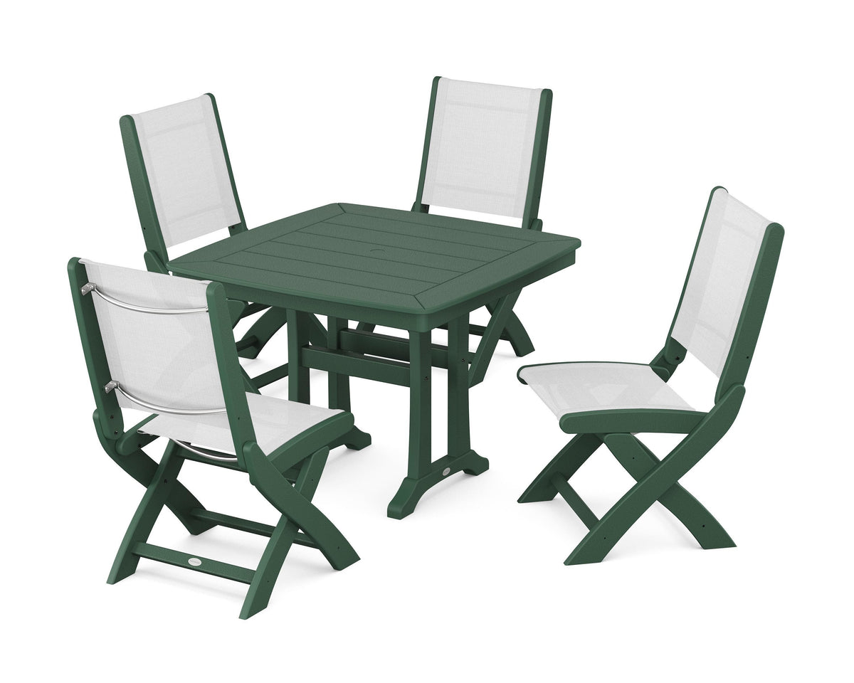 POLYWOOD Coastal Folding Side Chair 5-Piece Dining Set with Trestle Legs in Green / White