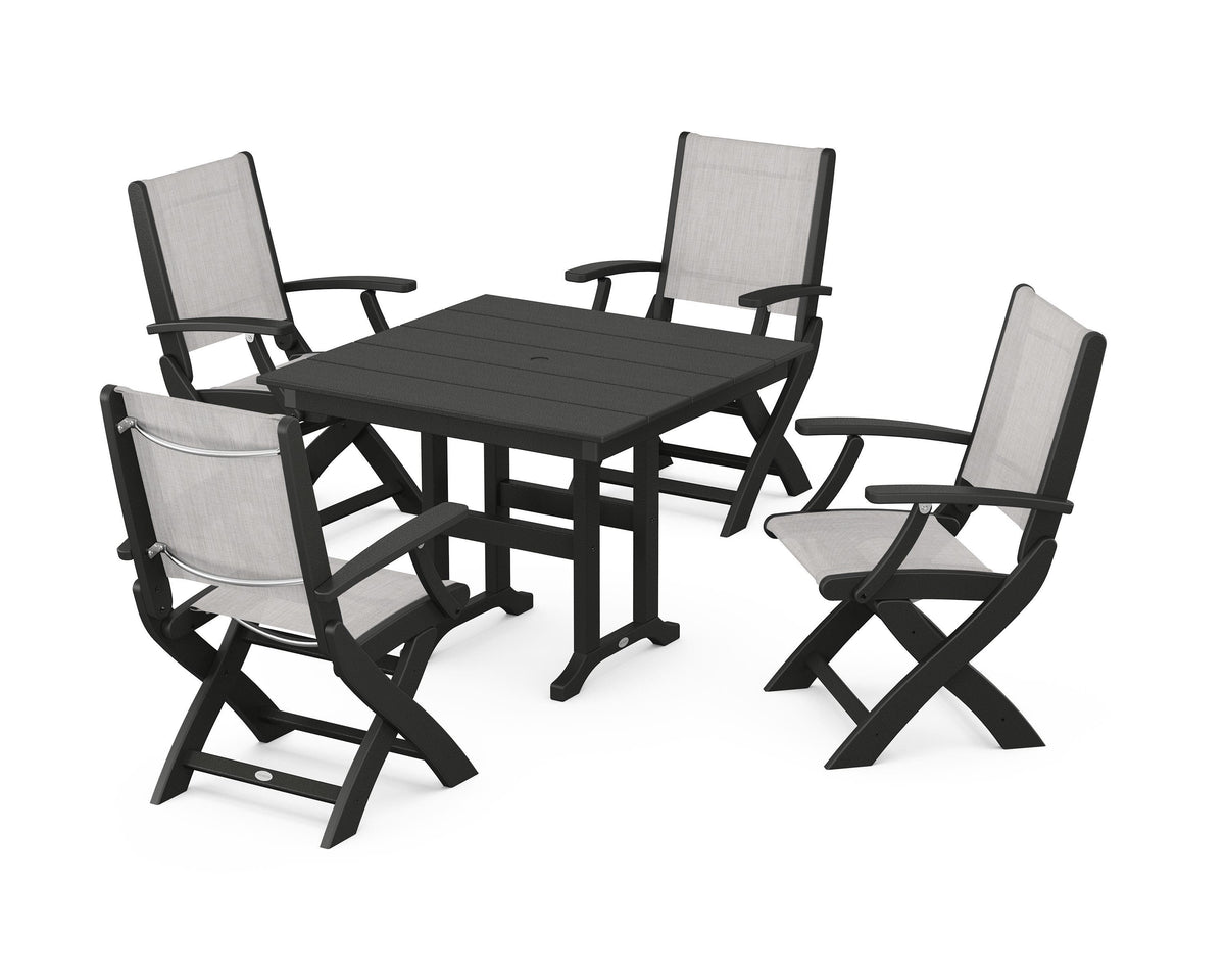 POLYWOOD Coastal Folding Chair 5-Piece Farmhouse Dining Set in Black / Parchment