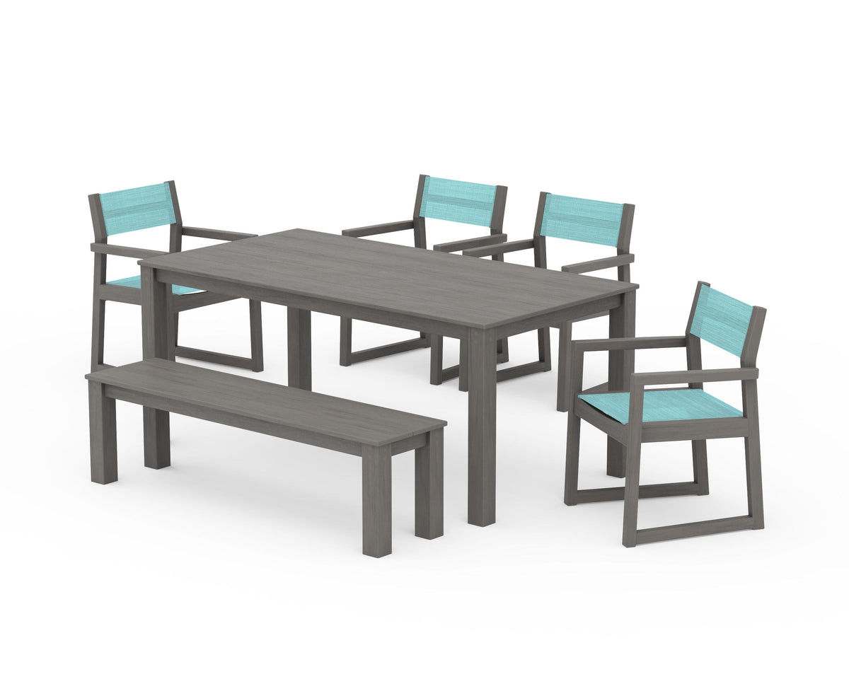 POLYWOOD EDGE Sling Arm Chair 6-Piece Parsons Dining Set with Bench in Driftwood / Dupioni Aquamarine
