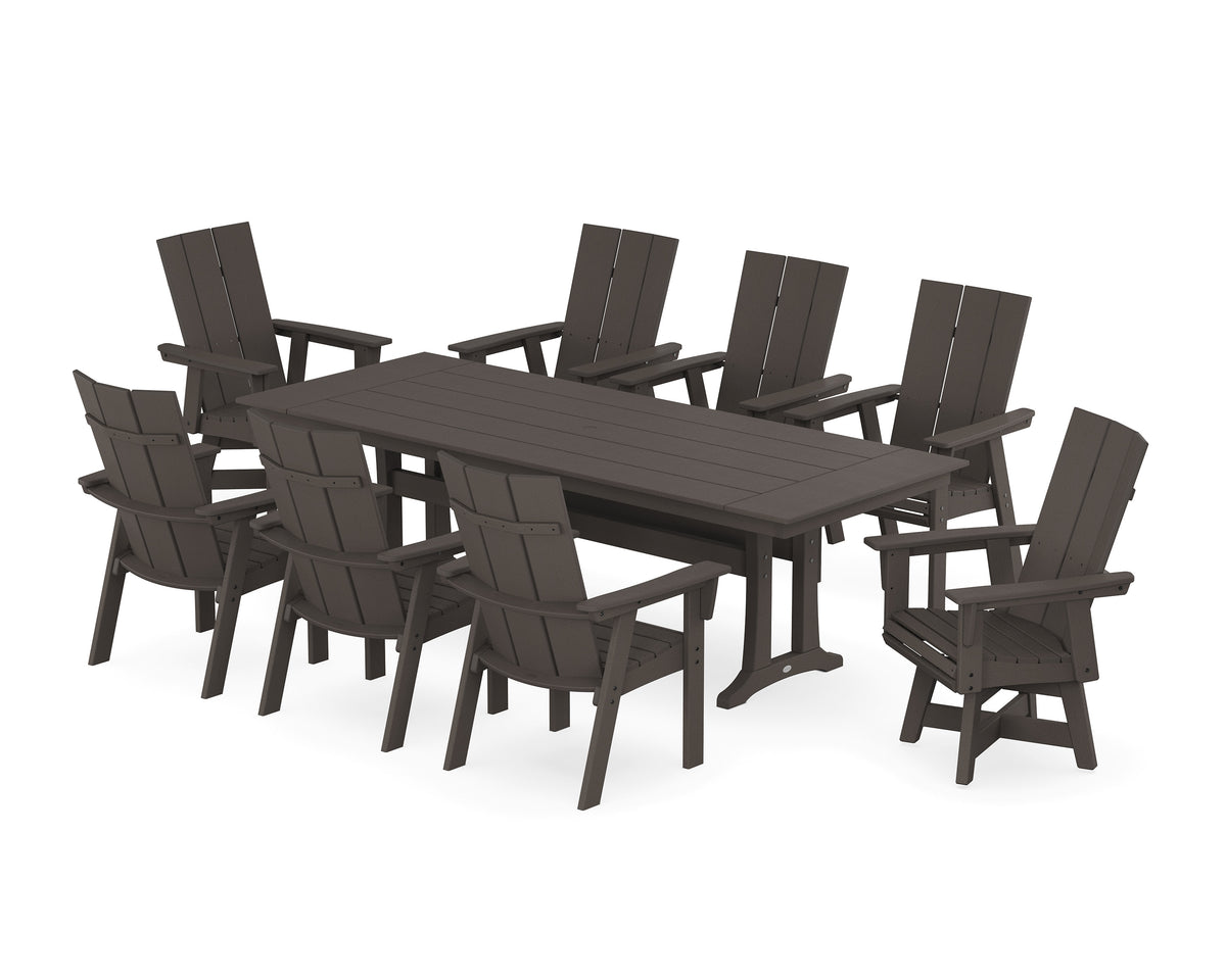 POLYWOOD Modern Curveback Adirondack Swivel 9-Piece Farmhouse Dining Set with Trestle Legs in Vintage Coffee
