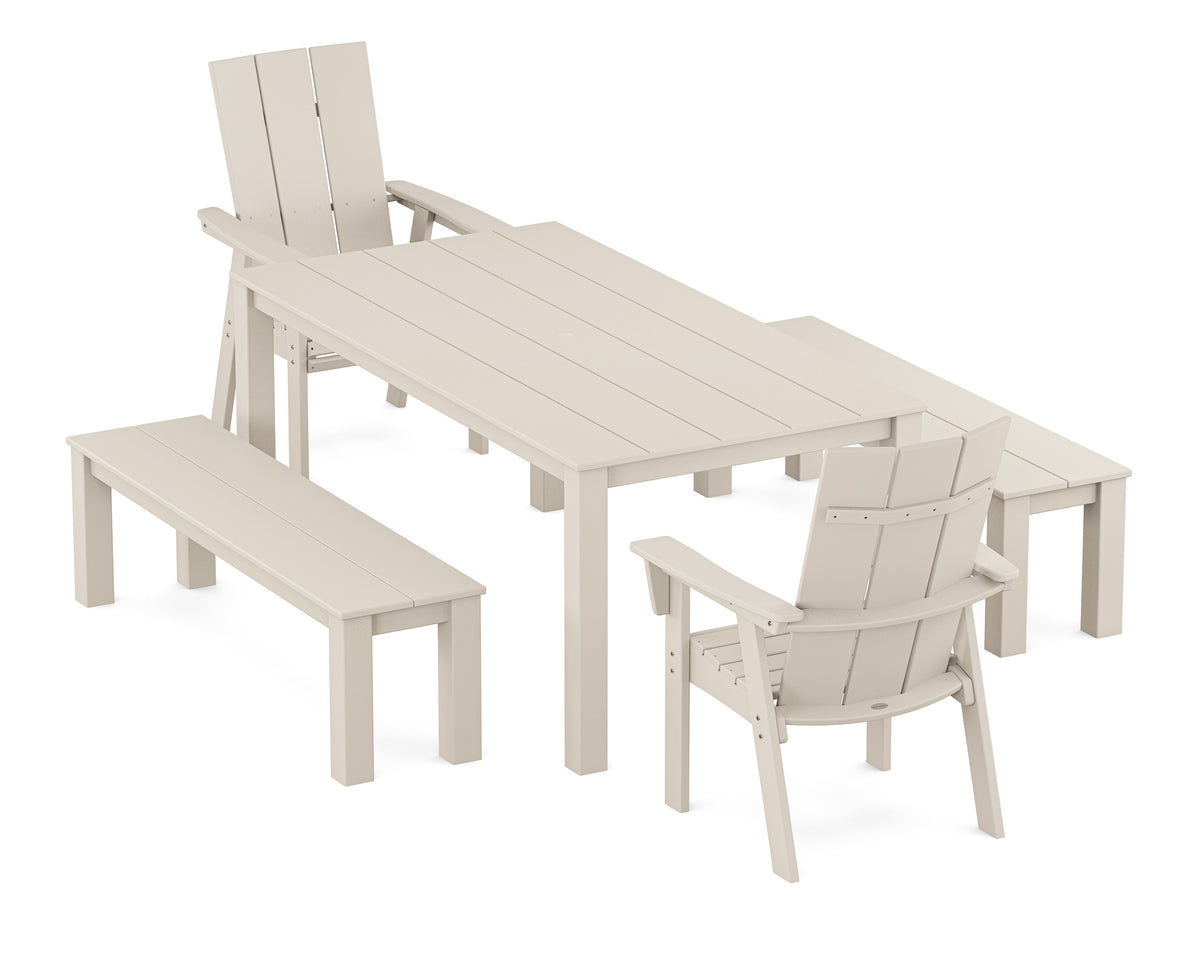 POLYWOOD Modern Curveback Adirondack 5-Piece Parsons Dining Set with Benches in Sand
