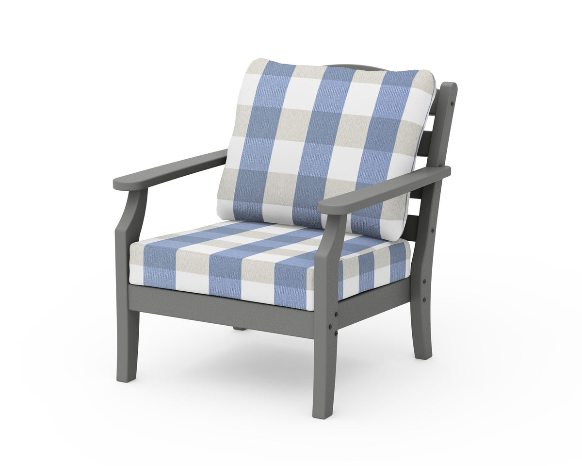 POLYWOOD Savannah Deep Seating Chair in Slate Grey / Buffalo Plaid Sky Blue