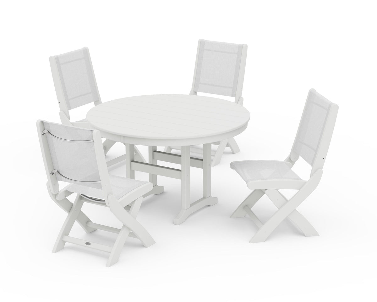 POLYWOOD Coastal Folding Side Chair 5-Piece Round Dining Set in Vintage White / White
