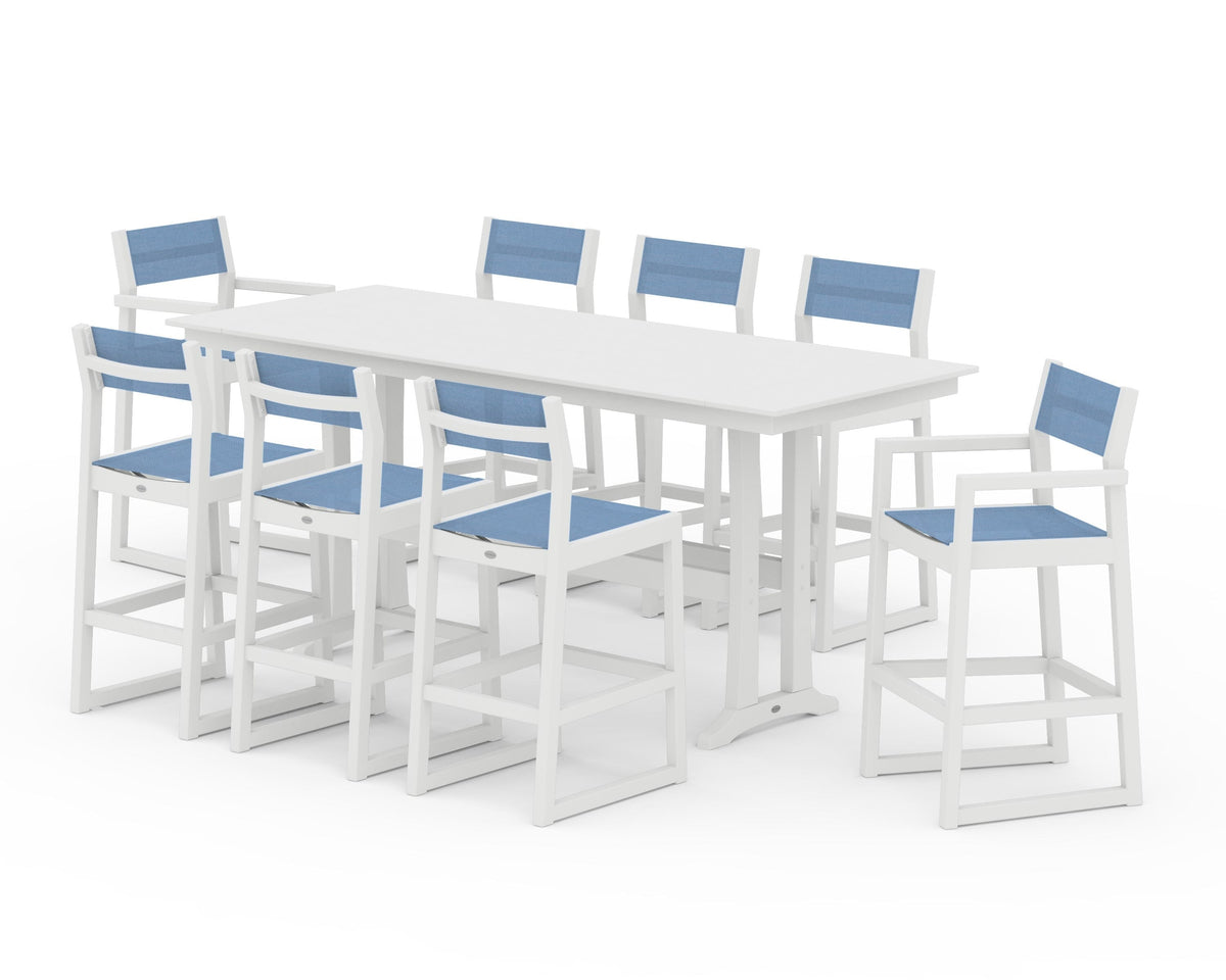 POLYWOOD EDGE Sling 9-Piece Farmhouse Bar Set with Trestle Legs in White / Poolside