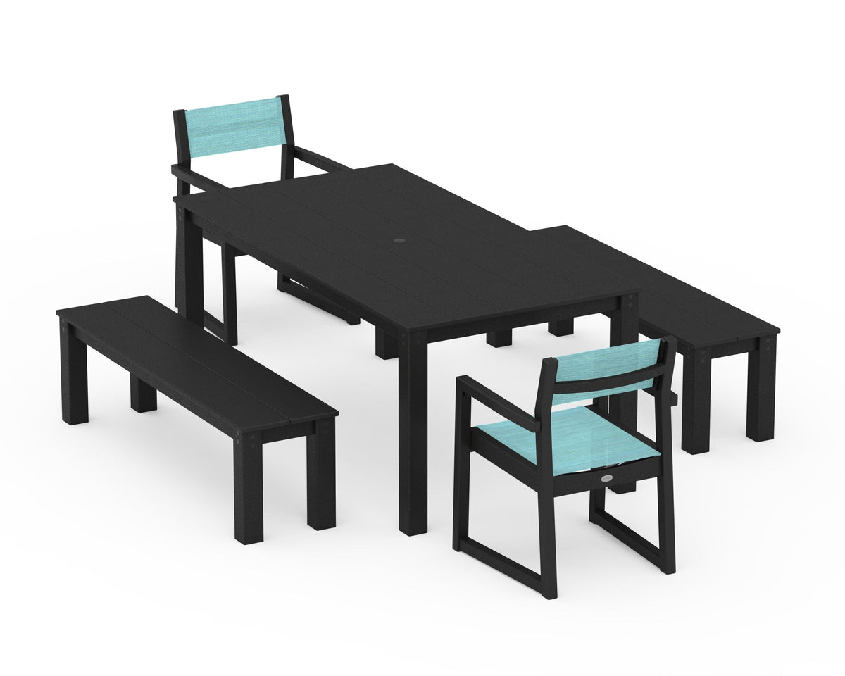 POLYWOOD EDGE Sling Arm Chair 5-Piece Parsons Dining Set with Benches in Black / Dupioni Aquamarine