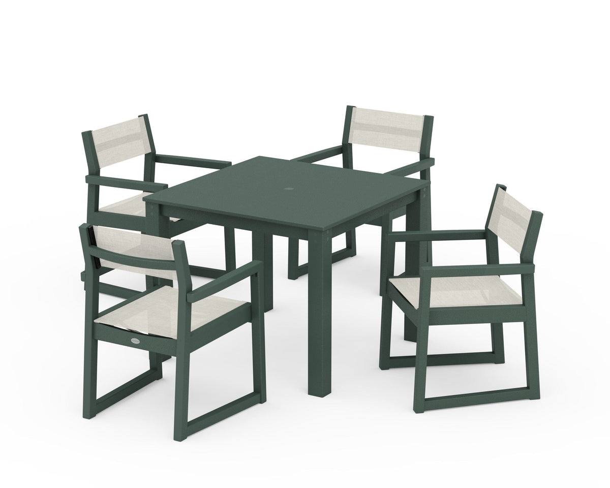 POLYWOOD EDGE Sling Arm Chair 5-Piece Parsons Dining Set in Green / Parchment