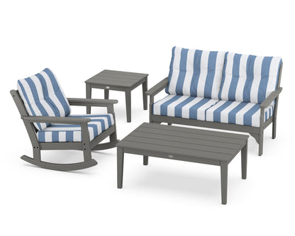 POLYWOOD Vineyard 4-Piece Deep Seating Rocker Set in Slate Grey / Cabana Stripe Sky Blue