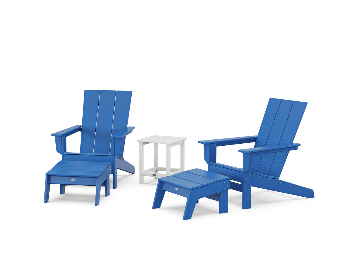 POLYWOOD 5-Piece Modern Studio Adirondack Set with Ottomans and Side Table in Pacific Blue / White