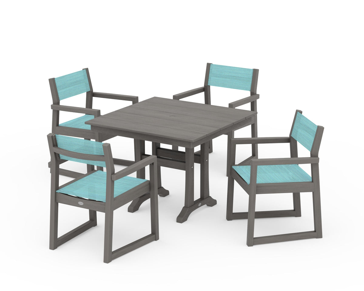 POLYWOOD EDGE Sling 5-Piece Farmhouse Dining Set with Trestle Legs in Driftwood / Dupioni Aquamarine