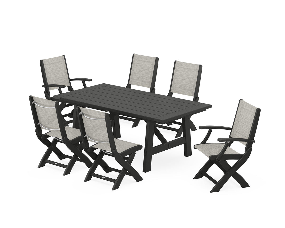 POLYWOOD Coastal Folding Chair 7-Piece Rustic Farmhouse Dining Set in Black / Birch