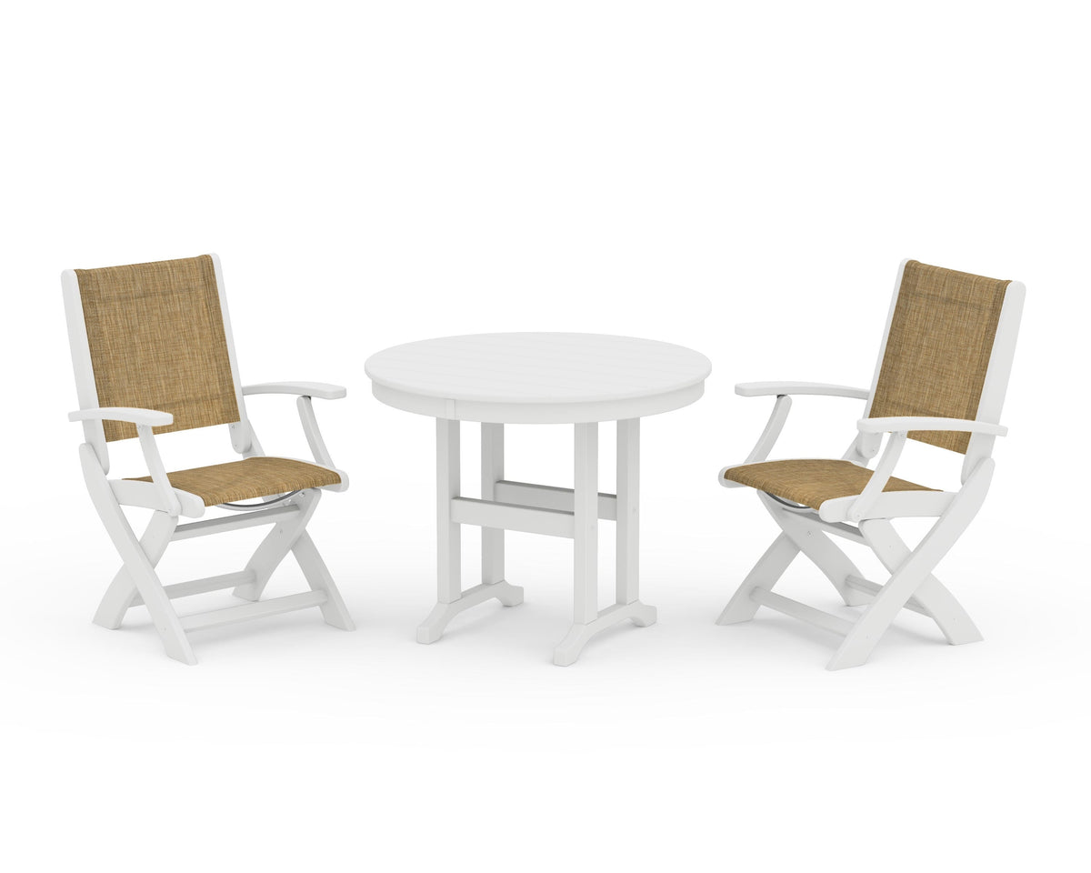 POLYWOOD Coastal Folding Chair 3-Piece Round Dining Set in White / Burlap