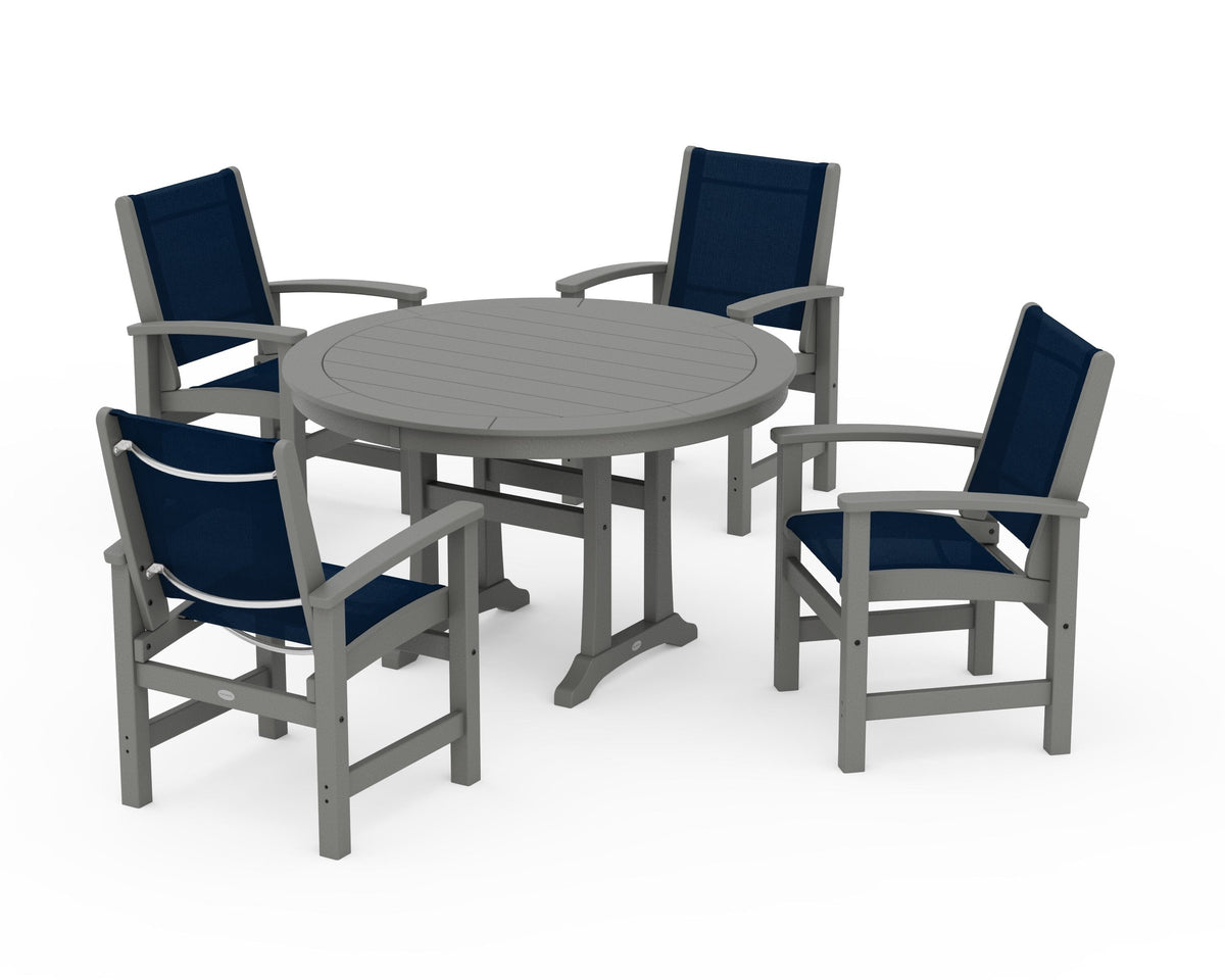 POLYWOOD Coastal 5-Piece Round Dining Set with Trestle Legs in Slate Grey / Navy Blue