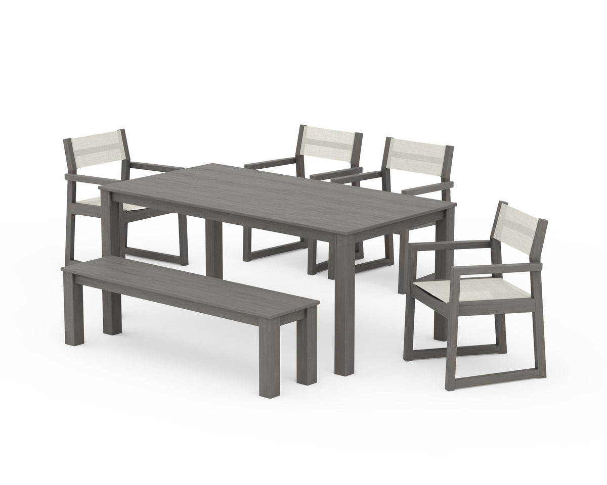 POLYWOOD EDGE Sling Arm Chair 6-Piece Parsons Dining Set with Bench in Driftwood / Parchment