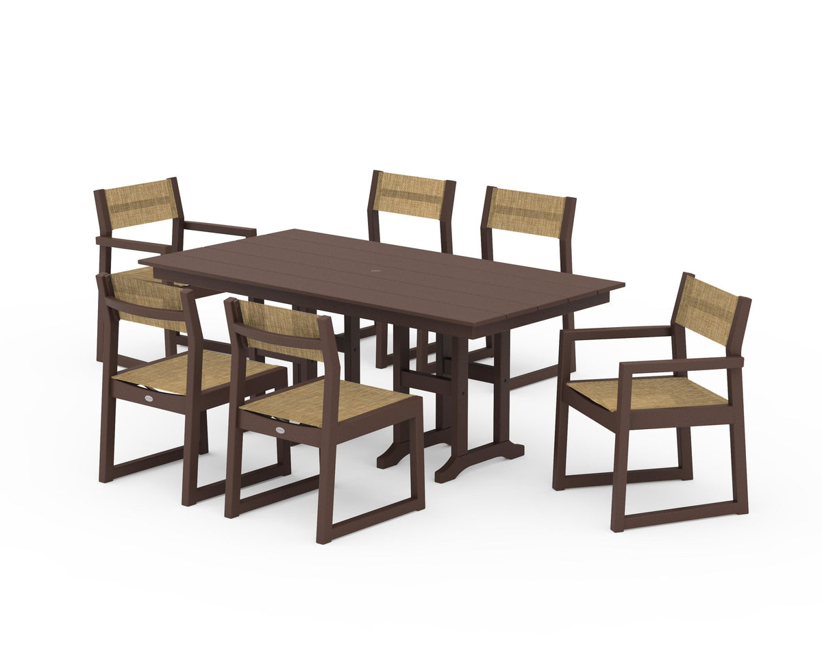 POLYWOOD EDGE Sling 7-Piece Farmhouse Dining Set in Mahogany / Burlap