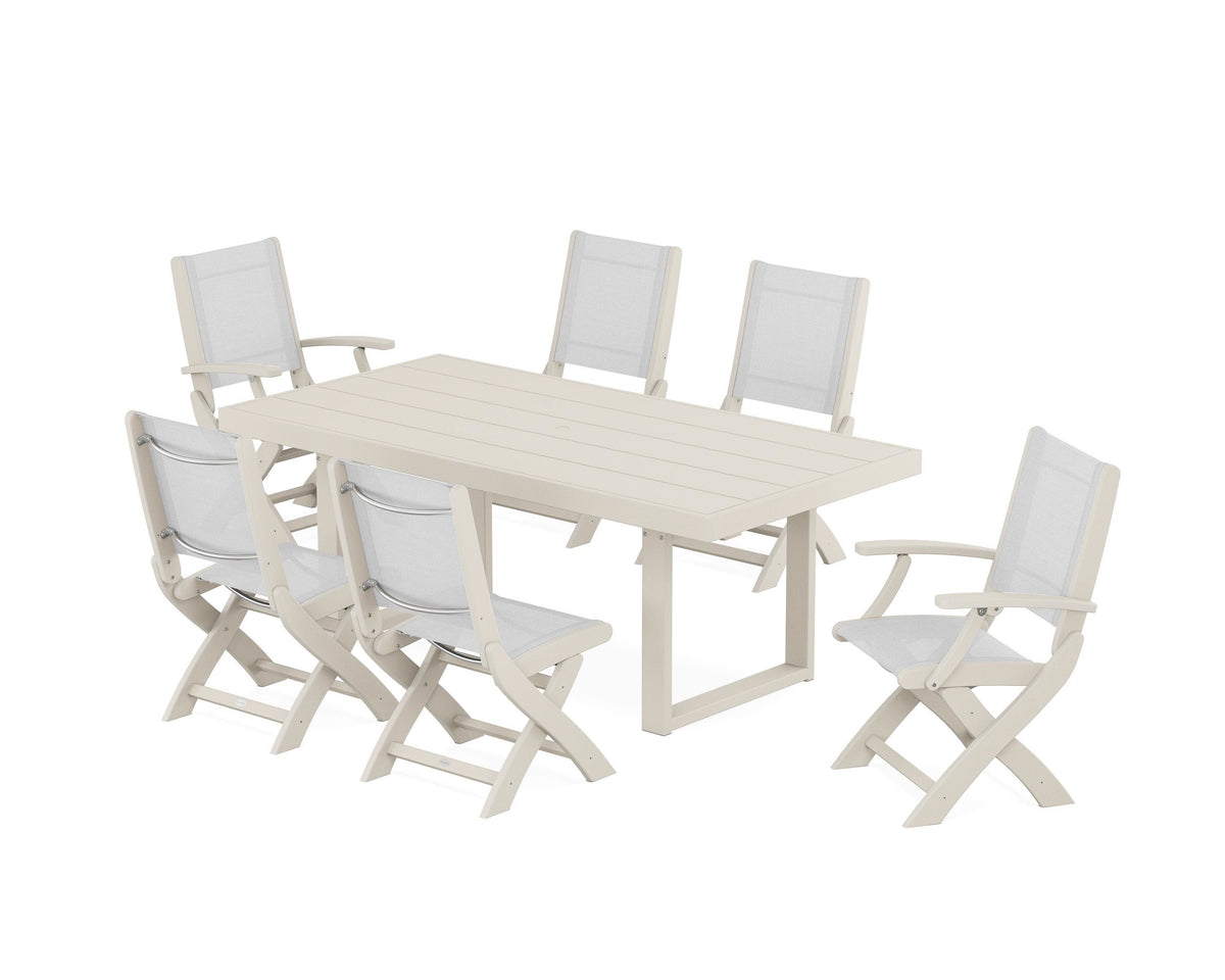 POLYWOOD Coastal Folding Chair 7-Piece Dining Set with Trestle Legs with EDGE 40" x 78" Dining Table in Sand / White