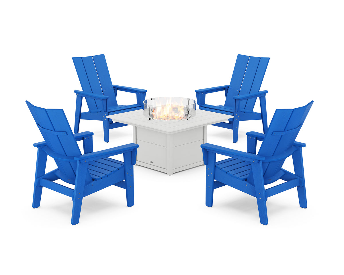 POLYWOOD 5-Piece Modern Grand Upright Adirondack Conversation Set with Fire Pit Table in Pacific Blue / White