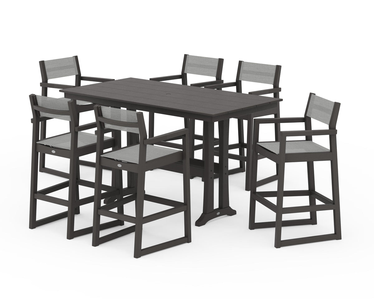 POLYWOOD EDGE Sling Arm Chair 7-Piece Farmhouse Bar Set with Trestle Legs in Vintage Coffee / Metallic