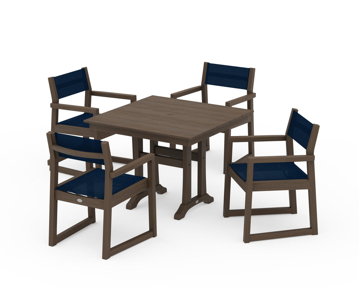 POLYWOOD EDGE Sling 5-Piece Farmhouse Dining Set with Trestle Legs in Kona / Navy Blue